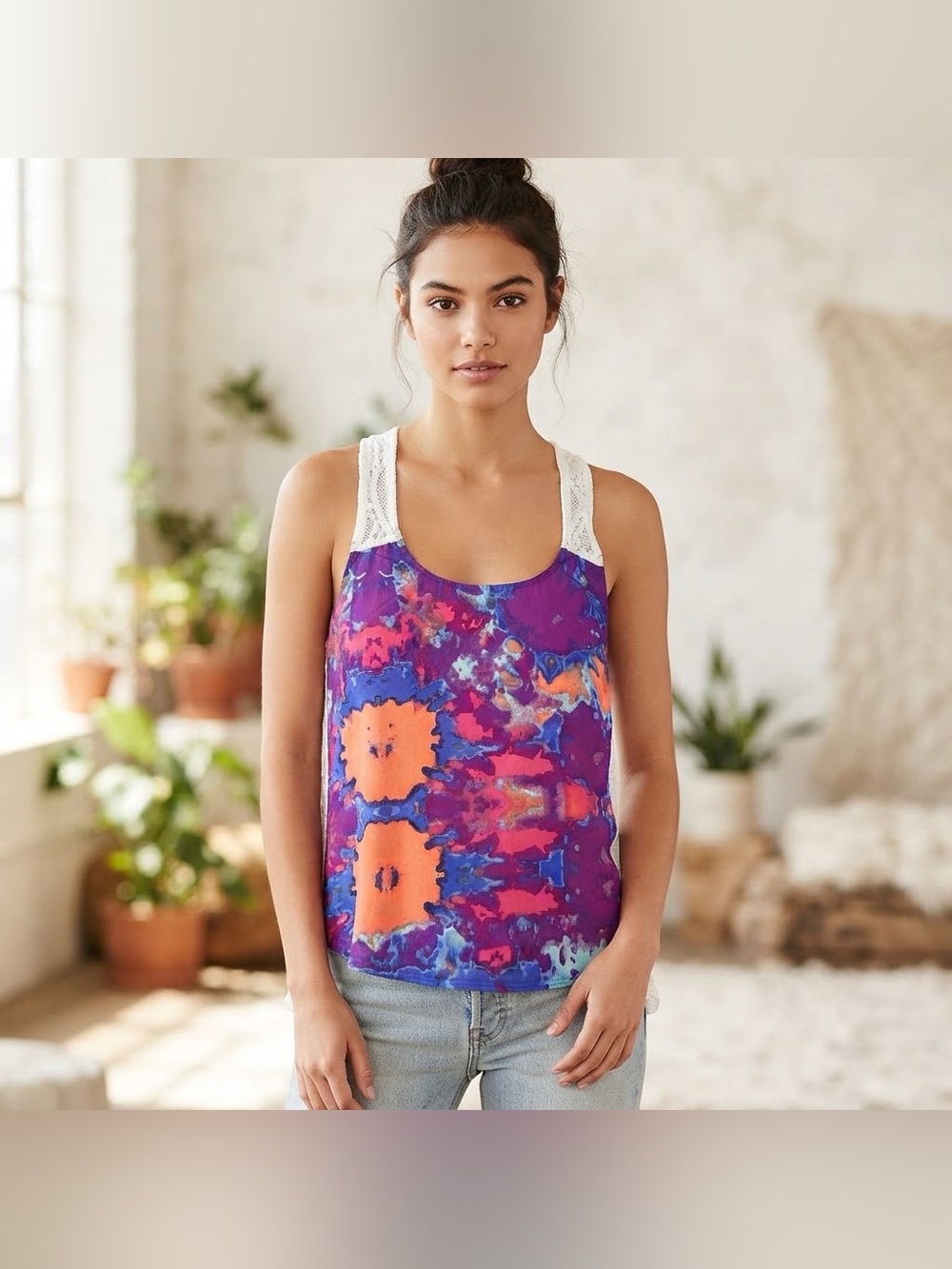 Hurley Crochet Lace Racerback Tie Dye Tank Top Beach Summer Festival Boho Size M